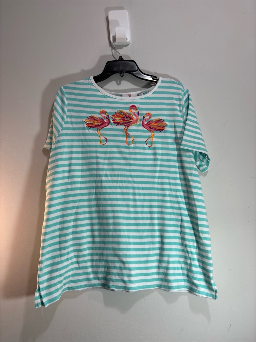 Quaker Factory Women’s Teal Stripe Flamingo Appliqué Top. 1364